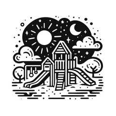 ** Playground Under Sun and Moon in Black and White Line Art Illustration