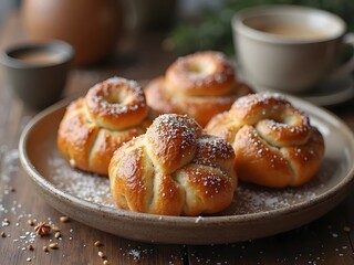 Swedish Kardemummabullar with Sugar Crystals: A batch of Swedish kardemummabullar twisted buns with a golden crust, sprinkled with sugar crystals, arranged on a rustic plate.
