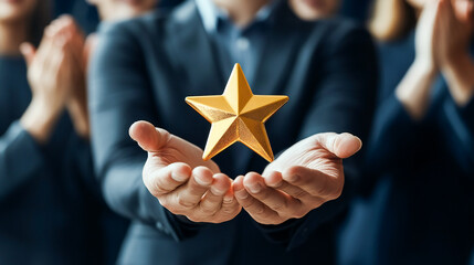 A team leader holding a gold star in hands while team cheering, symbolizing recognition and achievement