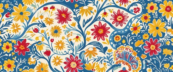 This artwork features a seamless floral pattern bursting with colorful flowers in red, yellow, and blue