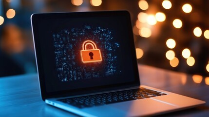 A laptop displays a glowing lock symbol, representing cybersecurity and data protection, against a blurred background of soft lights.