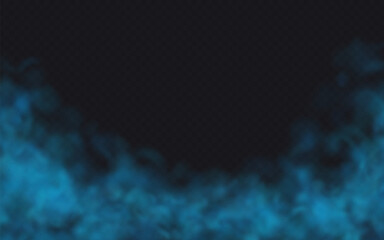 Blue Fog effect on transparent dark background. Vector Smoke cloud.