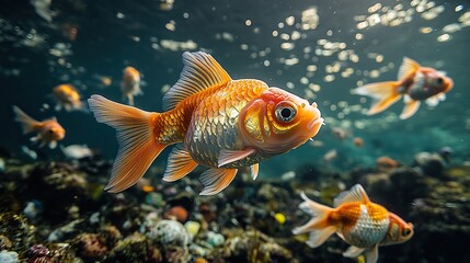 Plastic waste in dirty water highlights pollution, urging sustainable waste management goldfish swim, highlighting the urgency.