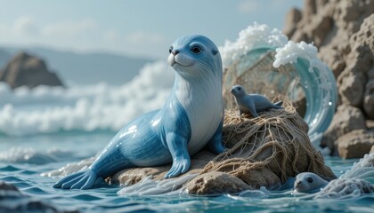 Serene Blue Seals Resting on Rocky Shore near Ocean Wave