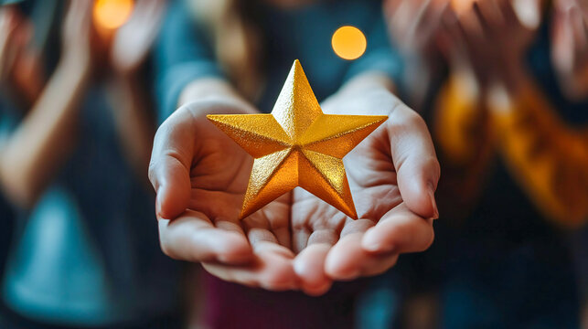 A team leader holding a gold star in hands while team cheering, symbolizing recognition and achievement
