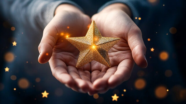 A team leader holding a gold star in hands while team cheering, symbolizing recognition and achievement