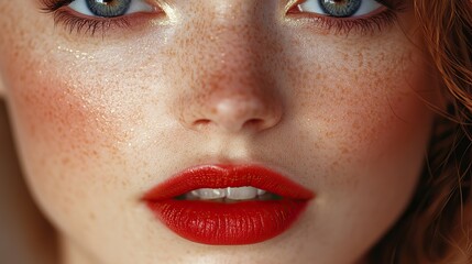 Fototapeta premium Rich brown and red lipstick on glossy lips gently highlights cosmetic artistry and lip augmentation allure.