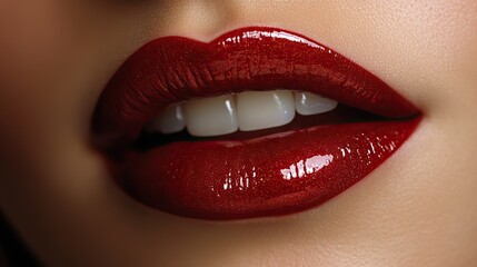 Obraz premium Rich brown and red lipstick on glossy lips gently highlights cosmetic artistry and lip augmentation allure.