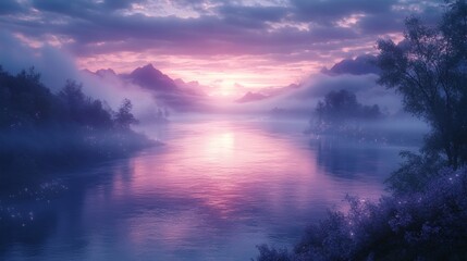 Naklejka premium a tranquil landscape view of a river under a beautiful sunset. The sky is filled with pink, purple colors, with clouds hanging over the mountains in the background