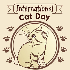 International Cat Day Vector Illustration, Adorable Cartoon Cat Character Design