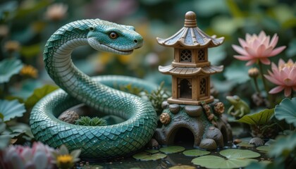 Fototapeta premium Serene Green Snake Figurine near a Pagoda in a Tranquil Pond Garden