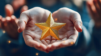 A team leader holding a gold star in hands while team cheering, symbolizing recognition and achievement
