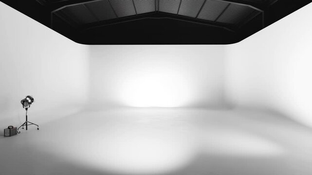 Professional lighting equipment illuminates a cyclorama wall in an empty photo studio