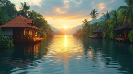 Fototapeta premium a serene tropical paradise at sunset, with waterfront villas, lush vegetation and mountains in the distance