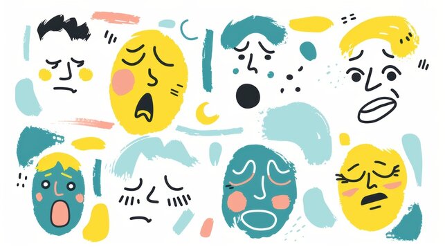 Unique Abstract Comic Faces Depicting Multiple Emotions in a Fun Crayon - Drawn Cartoon and Flat Design Vector Style