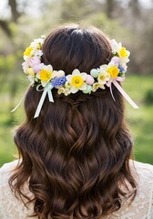 Naklejka premium Beautiful Hairstyle with Pastel Flower Crown, easter hairstyle