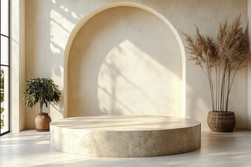 Elegant minimalist interior with round marble platform and natural light