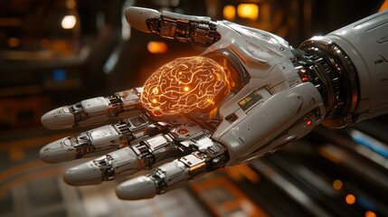 Robotic hand holding glowing brain