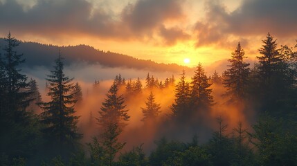 Obraz premium Serene sunrise light illuminates foggy hills, silhouetted trees casting shadows against a majestic mountain range.