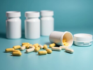 Yellow and white capsules spilling from an open pill bottle on a light blue surface with more medicine bottles in the background