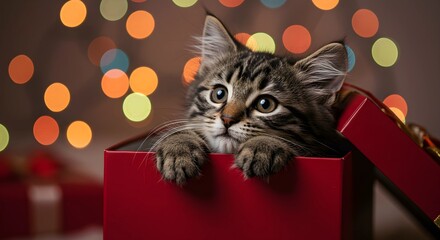 Cat inside gift box, funny animal, gift box, birthday surprise