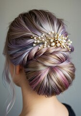 Naklejka premium Elegant Low Bun Hairstyle with Braids and Pearl Embellishment, easter hairstyle
