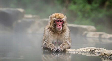 Japanese macaque meditating in the edge of hot ponds