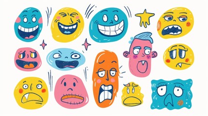 Unique Abstract Comic Faces Depicting Multiple Emotions in a Fun Crayon - Drawn Cartoon and Flat Design Vector Style