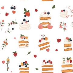 Seamless pattern featuring layered cakes adorned with smooth frosting and delightful decorations for a sweet design.