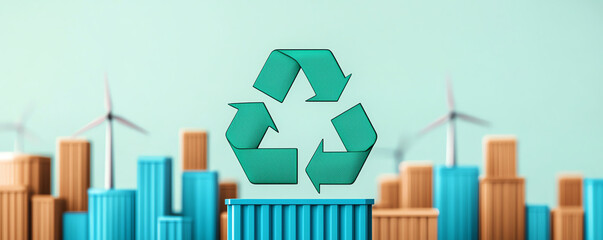 Fototapeta premium Sustainable city with recycling symbol and wind turbines in background