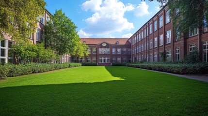 Fototapeta premium Sunny courtyard with manicured lawn and brick buildings.