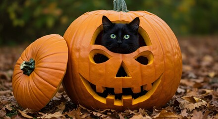 Cat inside jack o lantern pumpkin