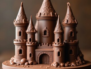 Delicious chocolate castle standing on a chocolate base with turrets and arched door