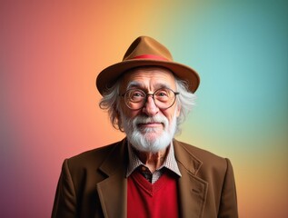 Portrait of smiling senior man wearing hat and glasses on gradient background