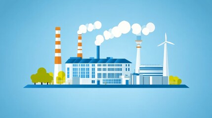 Industrial complex emits smoke, wind turbine generates power against blue sky