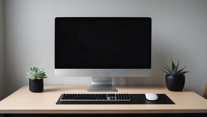 Modern desktop setup featuring sleek computer, keyboard, mouse, and decorative plants in a minimalistic workspace