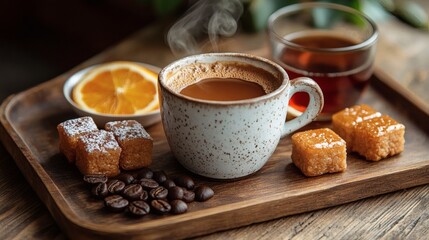 a cozy still life featuring a cup of hot coffee, tea, and some sweets on a wooden tray