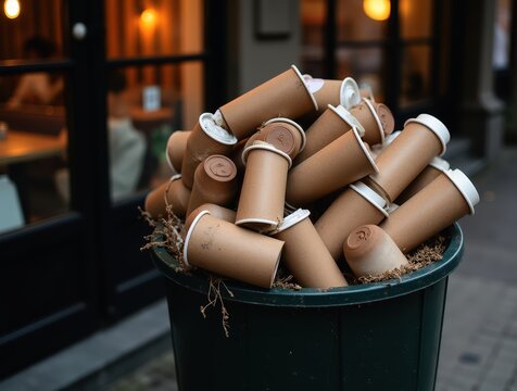 Overflowing trash bin with discarded coffee cups