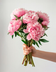 AI-generated photo with a bouquet of fresh pink peonies in woman's hand. Close up. Isolated on a white background