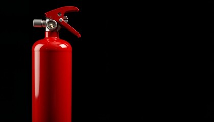 Bright red fire extinguisher in dark space, fire safety concept