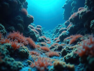 Fototapeta premium Thriving alien ecosystem growing on rocks in a deep sea hydrothermal vent