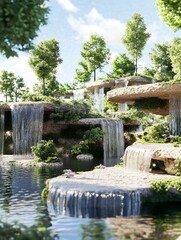 Naklejka premium Serene Waterfall Landscape Peaceful Nature Scene Tranquil Waterfalls Lush Greenery Summer