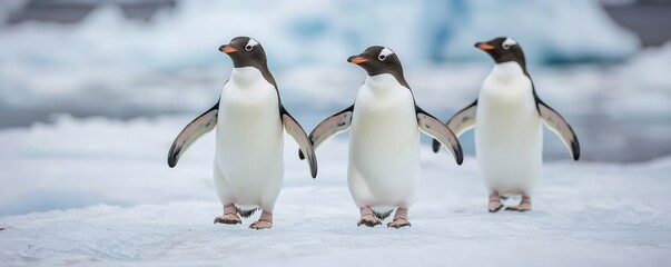 Obraz premium Ecological impact wildlife recovery concept. Three penguins walking on ice in a snowy landscape.