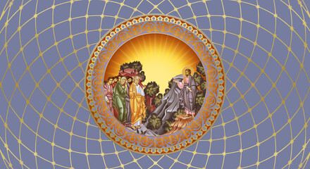 Post-Resurrection appearances of Jesus. Religious decorative illustration in Byzantine style