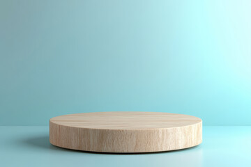 Minimalist wooden platform on light blue background for product display