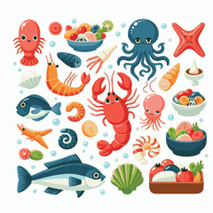 seafood, fish, restaurant, food, vector, illustration, menu, vintage, sketch, dinner, sea, fresh, design, ocean, shrimp, retro, ink, drawing, meal, background, lunch, graphic, market, gourmet, marine,