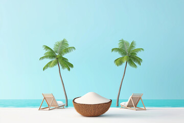 Obraz premium A peaceful blue horizon where the clear sky meets the turquoise sea. A perfect escape with two lounge chairs and palm trees for relaxation.