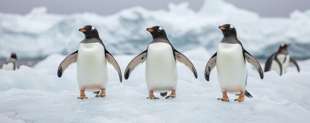 Fototapeta premium Ecological impact wildlife recovery concept. Three penguins standing on ice in a snowy landscape.