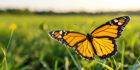 Fototapeta premium Ecological impact wildlife recovery concept. Colorful butterfly perched in a sunny green field.