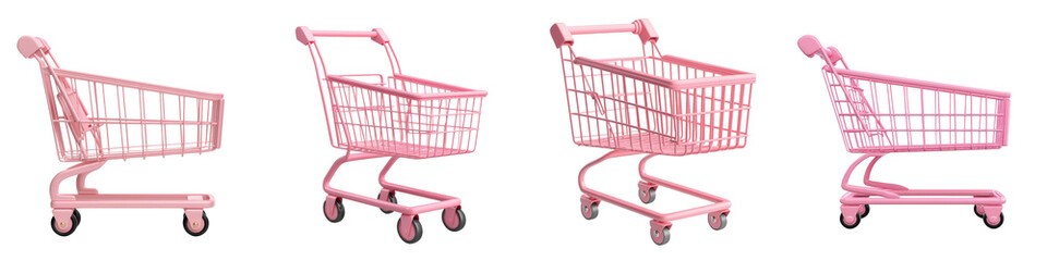A row of four pink metal shopping carts or trolleys on wheels ready for customers at a supermarket or retail store